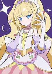 Rule 34 | big hair, blue eyes, blunt bangs, bow, bridal gauntlets, brooch, choker, collarbone, cure finale, delicious party precure, dot nose, dress, dress bow, eyelashes, fingernails, green bow, hair ornament, heart, heart brooch, highres, jewelry, kasai amane, long hair, looking at viewer, madofuki, magical girl, pink bow, precure, purple background, smile, sparkle, star (symbol), star hair ornament, very long hair, white choker, white dress