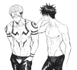 Rule 34 | 2boys, abs, arm tattoo, arm up, blush, chest tattoo, collarbone, extra eyes, facial tattoo, fushiguro megumi, hands in pockets, highres, jujutsu kaisen, looking at another, male focus, marrbl, monochrome, multiple boys, nipples, pants, pectorals, ryoumen sukuna (jujutsu kaisen), short hair, shoulder tattoo, smile, tattoo, toned, toned male, topless male, undercut