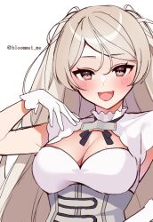 Rule 34 | 1girl, breasts, brown eyes, cleavage, cleavage cutout, clothing cutout, conte di cavour (kancolle), conte di cavour nuovo (kancolle), dress, frilled dress, frills, gloves, grey hair, kantai collection, kozu (bloomme1 me), large breasts, long hair, simple background, solo, twitter username, two-tone dress, two side up, unfinished, white background, white dress, white gloves