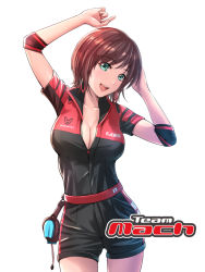 Rule 34 | 1girl, aqua eyes, arms up, belt, breasts, brown hair, cleavage, earrings, head tilt, highres, jewelry, large breasts, lips, looking at viewer, open mouth, original, race queen, shamakho, short hair, short sleeves, simple background, solo, unzipped, white background