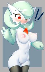 Rule 34 | !, !!, 1girl, absurdres, black thighhighs, blue background, blush, bob cut, border, breasts, cleft of venus, clenched hand, closed mouth, collarbone, colored skin, constricted pupils, cowboy shot, creatures (company), embarrassed, female focus, fir3born, game freak, gardevoir, gen 3 pokemon, green hair, green skin, grey border, groin, hair between eyes, hand up, highres, lactation, large breasts, looking down, multicolored skin, navel, nintendo, nipples, nose blush, nude, outside border, pokemon, pokemon (creature), pussy, raised eyebrows, red eyes, ringed eyes, shiny skin, short hair, simple background, solo, standing, stomach, surprised, thighhighs, two-tone skin, uncensored, wavy mouth, white skin, wide-eyed