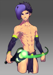 Rule 34 | 1boy, dota (series), dota 2, faceless void, gauntlets, lvlv, male focus, open mouth, purple hair, red eyes, simple background, solo, spiked hair, topless male, weapon