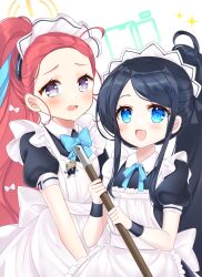Rule 34 | &lt;key&gt; (robot) (blue archive), 2girls, apron, aqua halo, aris (blue archive), aris (maid) (blue archive), black dress, black hair, blue archive, blue bow, blue bowtie, blue eyes, blue ribbon, blush, bow, bowtie, broom, dress, forehead, frilled apron, frills, green halo, hair pulled back, halo, highres, holding, holding broom, maid, maid apron, maid headdress, multiple girls, neck ribbon, official alternate costume, open mouth, parted lips, ponytail, puffy short sleeves, puffy sleeves, purple eyes, rectangular halo, red hair, ribbon, shikito (yawa0w0), short sleeves, sidelocks, sparkle, tearing up, white apron, wrist cuffs, yellow halo, yuzu (blue archive), yuzu (maid) (blue archive)