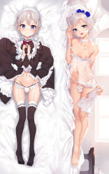 Rule 34 | 1boy, babydoll, bad id, bad pixiv id, bed sheet, black dress, black legwear, blue eyes, blue flower, blue rose, blush, bow, choker, closed mouth, clothes lift, dakimakura (medium), dress, dress lift, flower, frilled dress, frills, from above, full body, garter straps, grey hair, hair between eyes, hair flower, hair ornament, highres, lingerie, long sleeves, lying, maid, maid headdress, male focus, multiple views, navel, nipples, on back, on side, open mouth, own hands together, panties, penis, puffy long sleeves, puffy sleeves, red bow, rose, see-through, short hair, smile, strap slip, string panties, swept bangs, table, thighhighs, totsuka saika, trap, underwear, veil, white babydoll, white choker, white flower, white rose, yaguo, yahari ore no seishun lovecome wa machigatteiru.