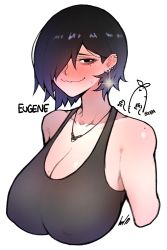 Rule 34 | 1girl, bags under eyes, black hair, black tank top, blush, breasts, character name, covered erect nipples, cross, eugene (ginseng), full-face blush, ginseng (xin), hair over one eye, highres, inverted cross, jewelry, large breasts, looking at viewer, mole, mole on breast, mole on shoulder, mole under eye, multiple moles, necklace, original, pendant, short hair, solo, sweatdrop, tank top, upper body