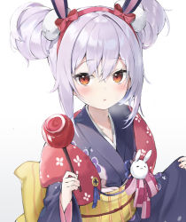 Rule 34 | 1girl, alternate costume, alternate hairstyle, animal ears, azur lane, back bow, blue kimono, blush, bow, brown eyes, candy apple, commentary, double bun, expressionless, fake animal ears, food, hair between eyes, hair bun, hairband, highres, holding, holding food, japanese clothes, kimono, laffey (azur lane), long hair, looking at viewer, mint (psmin30), obi, parted lips, red bow, red hairband, sash, sidelocks, silver hair, simple background, solo, symbol-only commentary, upper body, white background, wide sleeves