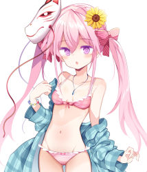 Rule 34 | 1girl, alternate costume, aqua jacket, bare shoulders, blush, bow, bow panties, bracelet, breasts, collarbone, cowboy shot, diagonal-striped bow, flower, groin, hair bow, hair flower, hair ornament, hata no kokoro, highres, jacket, jewelry, knees, long hair, long sleeves, mask, mask on head, maturiuta sorato, navel, necklace, off shoulder, panties, pink bow, pink hair, pink pupils, plaid, plaid jacket, purple eyes, simple background, small breasts, solo, standing, stomach, striped bow, striped clothes, striped panties, sunflower, swimsuit, thighs, touhou, two side up, underwear, white background, yellow flower
