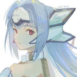 Rule 34 | 1girl, android, blue hair, character name, closed mouth, from behind, fujie-yz, head tilt, headgear, highres, kos-mos, long hair, looking at viewer, portrait, red eyes, sidelocks, simple background, solo, white background, xenosaga