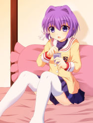 Rule 34 | 00s, 1girl, bed, card, clannad, cross (crossryou), fujibayashi ryou, hair intakes, open clothes, pillow, playing card, purple eyes, purple hair, school uniform, short hair, sitting, skirt, solo, thighhighs, white thighhighs