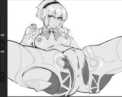 Rule 34 | 1girl, aegis (persona), android, anus, arm support, bow, bowtie, breasts, greyscale, hair between eyes, highres, joints, large breasts, looking at viewer, medium breasts, monochrome, nipples, persona, persona 3, pussy, robot joints, short hair, solo, spooki, spread legs, user interface, white background