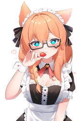 Rule 34 | 1girl, absurdres, animal ears, aoitsuki, apron, bespectacled, black-framed eyewear, black dress, blue archive, blue eyes, blush, braid, cat ears, cleavage cutout, closed mouth, clothing cutout, collared dress, commentary, dress, food, frilled sleeves, frills, frown, fruit, glasses, hair over shoulder, hair tie, halo, heart, heart-shaped pupils, highres, holding, holding food, holding fruit, light frown, looking at viewer, maid, maid apron, maid headdress, mari (blue archive), medium hair, neck ribbon, orange hair, red ribbon, ribbon, semi-rimless eyewear, short sleeves, simple background, single braid, strawberry, symbol-shaped pupils, under-rim eyewear, upper body, white apron, white background, wrist cuffs