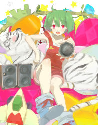 Rule 34 | 00s, 01 0219, green hair, highres, macross, macross frontier, microphone, overall shorts, overalls, ranka lee, short hair, solo, stuffed animal, stuffed toy