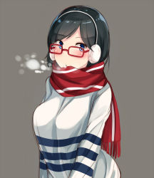 Rule 34 | 10s, 1girl, alternate costume, black hair, blue eyes, blush, breasts, earmuffs, glasses, highres, kantai collection, kirishima (kancolle), large breasts, looking at viewer, red-framed eyewear, red scarf, scarf, short hair, shuuichi, simple background, solo, sweater