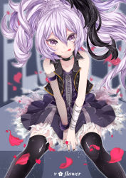 Rule 34 | 1girl, :p, absurdres, bandages, bare shoulders, black nails, black pantyhose, black thighhighs, character name, choker, corset, detached sleeves, fishnet pantyhose, fishnets, flower, flower (vocaloid), flower (vocaloid3), high ponytail, highres, long hair, looking at viewer, multicolored hair, nail polish, pantyhose, petals, ponytail, purple eyes, purple hair, purple skirt, r@ito, single sleeve, sitting, skirt, smile, solo, thighhighs, tongue, tongue out, two-tone hair, vest, vocaloid, zettai ryouiki
