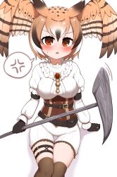 Rule 34 | 1girl, absurdres, anger vein, arm garter, ascot, bike shorts, black gloves, black thighhighs, blush, brooch, brown hair, chis (js60216), collar, commentary, eurasian eagle owl (kemono friends), frilled collar, frills, frown, gloves, head wings, high collar, highres, holding, holding pickaxe, jewelry, kemono friends, kemono friends 3, long sleeves, looking at viewer, motion lines, open mouth, over-kneehighs, pickaxe, red eyes, short hair, short shorts, shorts, simple background, sitting, solo, spoken anger vein, sweatdrop, thigh strap, thighhighs, underbust, white ascot, white background, white shorts, wings