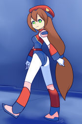 Rule 34 | 1girl, android, armor, ass, beret, blue leotard, boots, breasts, brown hair, capcom, drantyno, from behind, gloves, green eyes, hat, highres, iris (mega man), leotard, long hair, looking at viewer, looking back, medium breasts, mega man (series), mega man x (series), mega man x dive, pantyhose, ponytail, red footwear, red headwear, robot, smile, standing, white gloves, white pantyhose