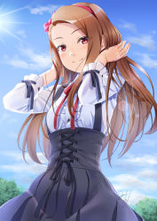 Rule 34 | 1girl, blue ribbon, blush, bow, brown hair, cloud, cloudy sky, corset, day, hairband, idolmaster, idolmaster (classic), lens flare, long hair, long sleeves, looking at viewer, meme attire, minase iori, miri (ago550421), outdoors, pink bow, red eyes, red ribbon, ribbon, skirt, sky, smile, solo, sun, suspender skirt, suspenders, virgin killer outfit