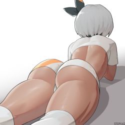 Rule 34 | 1girl, ass, bea (pokemon), breasts, commentary, creatures (company), cropped shirt, dark-skinned female, dark skin, facing away, from behind, game freak, grey hair, highres, knee pads, lying, nintendo, on stomach, pokemon, pokemon swsh, print shorts, shirt, short hair, short shorts, short sleeves, shorts, simple background, solo, stopu, thighs, white background, white shirt