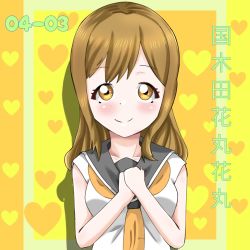 Rule 34 | 1girl, artist name, artist request, bare shoulders, blouse, blush, breasts, brown eyes, brown hair, check translation, collarbone, commentary request, dated, female focus, grey sailor collar, hair between eyes, heart, heart (symbol), heart print, highres, kunikida hanamaru, light brown hair, long hair, looking at viewer, love live!, love live! sunshine!!, neckerchief, necktie, orange background, orange neckerchief, orange necktie, parted lips, sailor collar, school uniform, shirt, skirt, sleeveless, sleeveless shirt, small breasts, smile, solo, tie clip, translated, translation request, upper body, uranohoshi school uniform, white shirt, yellow background, yellow eyes