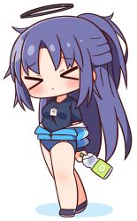 Rule 34 | &gt; &lt;, 1girl, black footwear, black shirt, blue archive, blue buruma, blue jacket, blush, bottle, breasts, buruma, chibi, closed eyes, closed mouth, colored shadow, facing viewer, full body, halo, hana kazari, highres, holding, holding bottle, jacket, lanyard, long hair, long sleeves, off shoulder, open clothes, open jacket, parted bangs, ponytail, puffy long sleeves, puffy sleeves, purple hair, shadow, shirt, shoes, simple background, small breasts, solo, standing, track jacket, very long hair, water bottle, white background, yuuka (blue archive), yuuka (track) (blue archive)