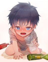 Rule 34 | 1boy, @ @, alcohol, black hair, blue eyes, bottomless, drunk, full body, glass, highres, looking at viewer, male focus, open mouth, original, ronba1125, simple background, white background
