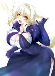 Rule 34 | !, 1girl, :o, absurdres, animal ears, blonde hair, blush, breasts, cleavage, dress, highres, juliet sleeves, large breasts, leaning forward, long sleeves, minarai tenna, o-ring, open mouth, original, puffy sleeves, purple dress, short hair, sleeves past wrists, solo, standing, tail, yellow eyes
