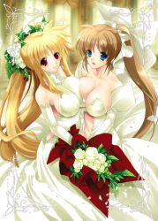Rule 34 | 2girls, alternate costume, asymmetrical docking, bare shoulders, blue eyes, bouquet, breast press, breasts, brown hair, cleavage, couple, covered erect nipples, dress, elbow gloves, fate testarossa, female focus, flower, gloves, hair ribbon, happy, hasei agana, holding, holding bouquet, large breasts, long hair, looking at viewer, lyrical nanoha, mahou shoujo lyrical nanoha strikers, multiple girls, navel, red eyes, ribbon, rose, side ponytail, smile, takamachi nanoha, wedding, wedding dress, white dress, white flower, white gloves, white rose, wife and wife, yuri