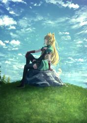 Rule 34 | 1girl, ahoge, animal ears, atalanta (fate), black gloves, blonde hair, boots, dress, fate/apocrypha, fate (series), gloves, green dress, green eyes, highres, kaze minoru so-ru, long hair, looking up, profile, rock, sitting, sitting on rock, tail, thigh boots, thighhighs