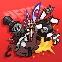 Rule 34 | 1girl, bloomers, bomb, cane, character name, cyborg, dress, explosion, explosive, eyelashes, frilled dress, frills, george the bomb, gloves, greyscale, grin, hat, karsm, monochrome, peacock (skullgirls), red background, red eyes, sharp teeth, short hair, skullgirls, smile, solo, spot color, teeth, top hat, underwear