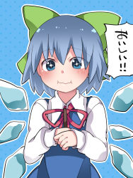 Rule 34 | 1girl, :i, bad id, bad pixiv id, blue eyes, blue hair, bow, cirno, eating, hair bow, hair ribbon, hammer (sunset beach), ice, ice wings, looking at viewer, popsicle stick, ribbon, short hair, smile, solo, sparkling eyes, touhou, translated, wavy mouth, wings