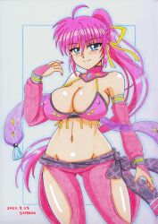 Rule 34 | 1girl, absurdres, ahoge, blue eyes, blush, braid, breasts, cleavage, closed mouth, covered erect nipples, dancer, dated, gh9000, highres, large breasts, long hair, looking at viewer, lyrical nanoha, mahou shoujo lyrical nanoha a&#039;s, mahou shoujo lyrical nanoha strikers, navel, pink hair, signum, smile, solo