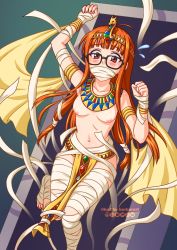 Rule 34 | 1girl, armlet, bandages, black-framed eyewear, blunt bangs, blush, bracelet, breasts, brown eyes, burbur, collarbone, commentary, covered mouth, diadem, english commentary, glasses, highres, jewelry, long hair, looking at viewer, medium breasts, mummy, navel, nipples, orange hair, pelvic curtain, persona, persona 5, restrained, sakura futaba, solo, stomach, usekh collar