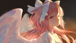 Rule 34 | 1girl, angel wings, backlighting, blurry, blurry background, bokeh, brown background, choker, close-up, closed mouth, dark background, depth of field, derivative work, dress, eyelashes, floating hair, hair between eyes, hair ribbon, kaname madoka, light particles, light smile, lips, long hair, looking at viewer, looking to the side, mahou shoujo madoka magica, mahou shoujo madoka magica (anime), pink hair, ribbon, say hana, shaded face, sidelocks, signature, simple background, solo, two side up, ultimate madoka, upper body, very long hair, white choker, white dress, white ribbon, wings, yellow background, yellow eyes