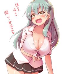 Rule 34 | 1girl, aqua hair, blush, breasts, brown eyes, cleavage, hair between eyes, hair ornament, hairclip, highres, kantai collection, kurokoshou (emuburemu123), large breasts, long hair, looking at viewer, open mouth, pleated skirt, short sleeves, simple background, skirt, smile, solo, suzuya (kancolle), translation request, white background