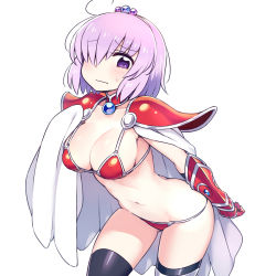 Rule 34 | 1girl, armor, bikini armor, black thighhighs, blush, bracer, breasts, chan co, cleavage, closed mouth, collarbone, cosplay, cowboy shot, elizabeth bathory (brave) (fate), elizabeth bathory (brave) (fate) (cosplay), elizabeth bathory (fate), fate/grand order, fate (series), hair over one eye, large breasts, looking at viewer, mash kyrielight, navel, pauldrons, purple eyes, purple hair, red armor, short hair, shoulder armor, simple background, solo, tareme, thighhighs, thighs, wavy mouth, white background