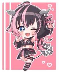 Rule 34 | 1girl, :d, absurdres, ahoge, arm up, armpits, belt, belt collar, black belt, black footwear, black hair, black jacket, black skirt, black sleeves, bloomers, blue eyes, blush, bra, chibi, clenched hand, collar, commentary, cropped jacket, demon girl, demon horns, demon tail, detached sleeves, fangs, flat chest, flower, full body, grey horns, hair flower, hair ornament, hair ribbon, heart, highres, horns, jacket, kino haruc, long hair, long sleeves, looking at viewer, medium bangs, midriff, multicolored hair, nanashi inc., navel, o-ring, o-ring thigh strap, oinomori may, oinomori may (1st costume), one eye closed, one side up, open mouth, outline, pink background, pink bloomers, pink bra, pink hair, pink ribbon, pink socks, pleated skirt, ribbon, shoes, skirt, sleeveless, sleeveless jacket, smile, socks, solo, studded footwear, tail, thigh strap, two-tone background, two-tone hair, underwear, virtual youtuber, white background, white outline