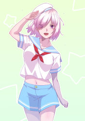 Rule 34 | 1girl, :d, alisa crowny, alternate costume, arm up, blue sailor collar, blue shorts, collarbone, collared shirt, cowboy shot, eyes visible through hair, fate/grand order, fate (series), floating hair, hair between eyes, hair over one eye, hat, highres, looking at viewer, mash kyrielight, midriff, navel, neckerchief, open mouth, pink hair, purple eyes, red neckerchief, sailor collar, sailor shirt, shiny skin, shirt, short hair, short shorts, short sleeves, shorts, simple background, smile, solo, standing, stomach, white background, white hat, white shirt