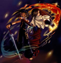 Rule 34 | asakura hao, asakura yoh, cloak, fire, gauntlets, headphones, katana, long hair, sandals, shaman king, siblings, sword, tagme, twins, weapon