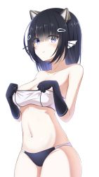 Rule 34 | 1girl, absurdres, alternate hairstyle, azur lane, bare shoulders, bikini, black gloves, black hair, blue bikini, blue eyes, blunt bangs, breasts, cien (shikanokuni), cleavage, closed mouth, clothes pull, collarbone, commentary, cowboy shot, elbow gloves, fins, gloves, groin, hair ornament, hair over eyes, hairclip, head fins, headgear, highres, i-56 (azur lane), medium breasts, medium hair, midriff, navel, sidelocks, simple background, solo, standing, strapless, swimsuit, taut clothes, tube top, tube top pull, white background, white tube top