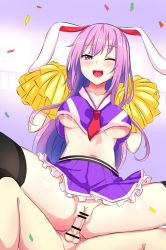 Rule 34 | 1boy, 1girl, ;d, alternate costume, animal ears, bar censor, black thighhighs, blush, bouncing breasts, breasts, censored, cheerleader, collarbone, confetti, frilled skirt, frills, hetero, highres, light purple hair, long hair, looking at viewer, m legs, medium breasts, motion lines, navel, no bra, one eye closed, open mouth, penis, pleated skirt, purple skirt, rabbit ears, red eyes, reisen udongein inaba, reverse cowgirl position, sex, sex from behind, sidelocks, skirt, smile, stomach, straddling, teeth, testicles, thighhighs, thighs, tongue, touhou, underboob, upper teeth only, xialuluo (sharuro)