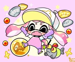 Rule 34 | 1girl, balloon, baseball cap, boots, chibi, closed eyes, commentary request, fangs, full body, gloves, golden egg, hat, holding, holding balloon, inkling, inkling girl, inkling player character, jumping, jumpsuit, long hair, nintendo, open mouth, pink hair, purple background, purple footwear, purple gloves, rubber boots, rubber gloves, salmon run (splatoon), smallfry (splatoon), smile, sparkle, splatoon (series), splatoon 3, star (symbol), tentacle hair, yoshishi (yosisitoho)