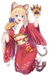 Rule 34 | 1girl, :d, absurdres, ahoge, akai haato, akai haato (new year), animal ears, animal hands, arm up, black footwear, blonde hair, blue bow, blue eyes, blush, bow, chinese zodiac, fake animal ears, floral print, flower, full body, fur-trimmed kimono, fur trim, hair bow, hair flower, hair ornament, hairband, hand up, heart, heart print, highres, hololive, japanese clothes, kimono, kneeling, long hair, looking at viewer, obi, open mouth, paw pose, red kimono, sandals, sash, shinomu (cinomoon), simple background, sleeves past elbows, smile, solo, tabi, tail, tiger ears, tiger stripes, tiger tail, very long hair, virtual youtuber, white background, white flower, white legwear, wide sleeves, year of the tiger, zouri