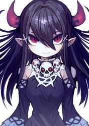 Rule 34 | 1girl, bare shoulders, closed mouth, commentary request, dress, eyeshadow, floating hair, hair between eyes, hair ornament, highres, horns, ketopon, long hair, long sleeves, looking at viewer, makeup, necklace, original, pink eyes, pointy ears, purple dress, purple hair, ringed eyes, simple background, skull, skull necklace, slit pupils, smile, solo, upper body, very long hair, white background, x hair ornament