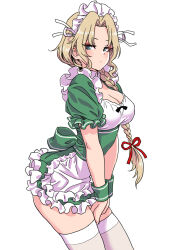 Rule 34 | 1girl, absurdres, alternate costume, apron, ass, blonde hair, blue eyes, bow, braid, breasts, cleavage, dress, girls und panzer, green dress, hair bow, highres, kay (girls und panzer), large breasts, long hair, looking at viewer, maid, maid headdress, medium breasts, red bow, single braid, solo, thighhighs, thighs, very long hair, white apron, white background, white thighhighs, yamashita shun&#039;ya