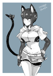 Rule 34 | 1girl, animal ears, blue background, blush, border, bow, breasts, cat ears, cat tail, closed mouth, commentary request, cowboy shot, crop top, dated, elbow gloves, fingerless gloves, gloves, greyscale, hunter (ragnarok online), jacket, large breasts, looking to the side, midriff, miniskirt, monochrome, navel, otsuki (tm3n), outside border, ragnarok online, shirt, short hair, short shorts, short sleeves, shorts, shorts under skirt, skirt, solo, tail, tail bow, tail ornament, white background, white border