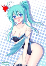 Rule 34 | 1girl, aqua hair, blue eyes, blush, bracelet, breasts, cleavage, fang, fins, green hair, head fins, jewelry, leviathan (shinkai no valkyrie), long hair, looking at viewer, off shoulder, one-piece swimsuit, open mouth, shinkai no valkyrie, side ponytail, solo, surprised, sweatdrop, swimsuit, the-sinner, undressing