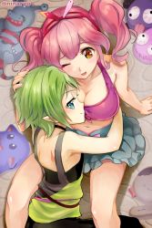 Rule 34 | 10s, 2girls, bad id, bad pixiv id, bare shoulders, blush, breasts, bustier, choker, cleavage, frilled skirt, frills, green hair, hairband, hand on another&#039;s head, hug, looking at another, looking back, macross, macross delta, makina nakajima, medium breasts, multiple girls, niina ryou, orange eyes, pink hair, pointy ears, reina prowler, short hair, sitting, skirt, smile, stuffed animal, stuffed toy, twintails, yuri