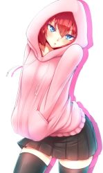 Rule 34 | 1girl, afterimage, black thighhighs, blue eyes, fal (fal-se-0), hands in pockets, hood, hoodie, leaning, long sleeves, looking at viewer, md5 mismatch, original, parted lips, pleated skirt, red hair, resolution mismatch, simple background, skirt, solo, source larger, thighhighs, white background, zettai ryouiki