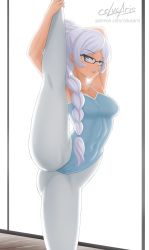 Rule 34 | 1girl, armpits, artist name, ass, blue eyes, blue leotard, braid, braided ponytail, breasts, cameltoe, cleavage, cleft of venus, covered navel, cslucaris, flexible, glasses, legs, leotard, long hair, looking to the side, medium breasts, pantyhose, parted lips, ponytail, rwby, solo, split, standing, standing on one leg, standing split, stretching, sweat, thighs, weiss schnee, white hair