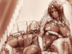 Rule 34 | 1girl, blush, breasts, brown eyes, caster of the nocturnal castle, couch, curtains, dark-skinned female, dark skin, eyelashes, fate/grand order, fate (series), feathers, hayama kazusa, huge breasts, jewelry, lips, looking to the side, lying, monochrome, on side, scheherazade (fate), solo